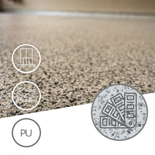 Posadzka poliuretanowa malowana z płatkami w technologii TECHNIArt FLOOR SYSTEM 500 PU (gr. ok 0,5-0,8 mm)