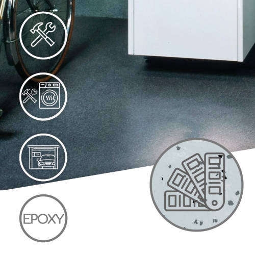 Posadzka z wodnej dyspersji żywicy epoksydowej z płatkami w technologii TECHNIArt FLOOR SYSTEM 200 AQ (gr. ok 0,5-0,8 mm)